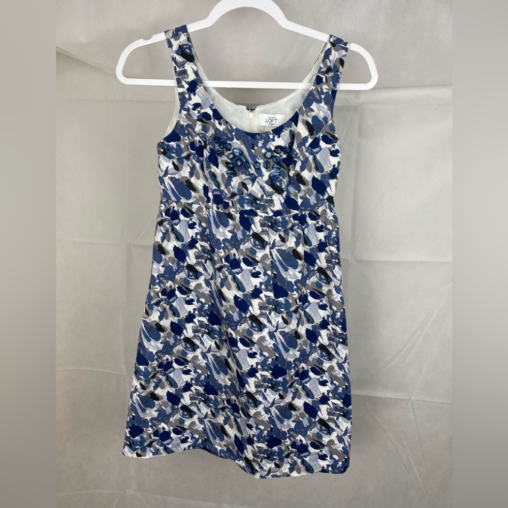 Ann Taylor Fully Lined Beaded Sheath Dress Size 00 Petite Blue Artsy Design